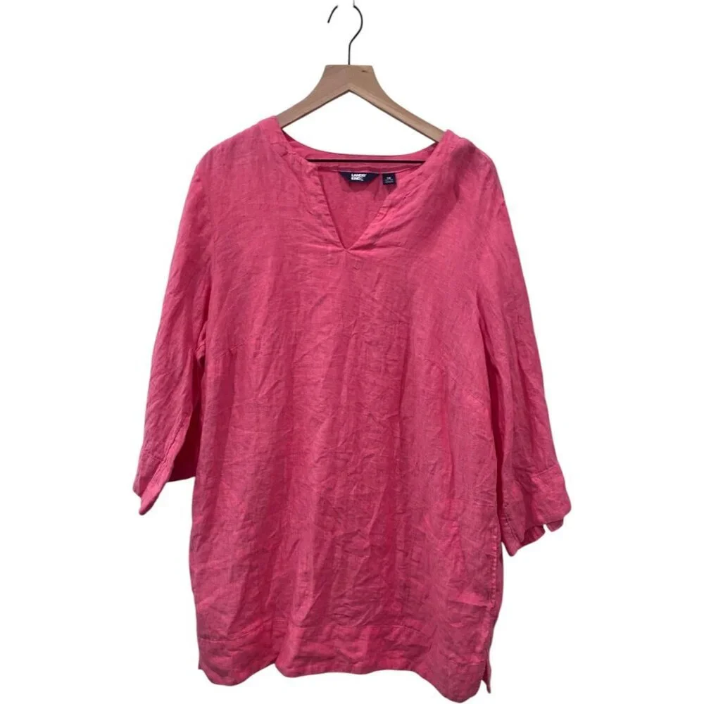 Lands’ End Plus Size 100% Linen Split Neck Tunic, Pink, Size 1X - Picture 4 of 8